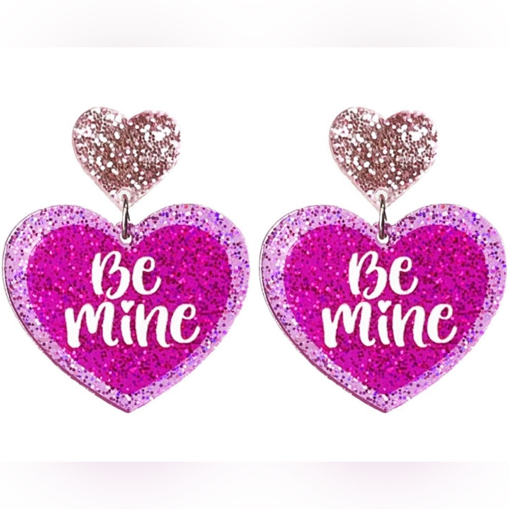 Pink Glitter Heart “Be Mine” Acrylic Earrings NIP